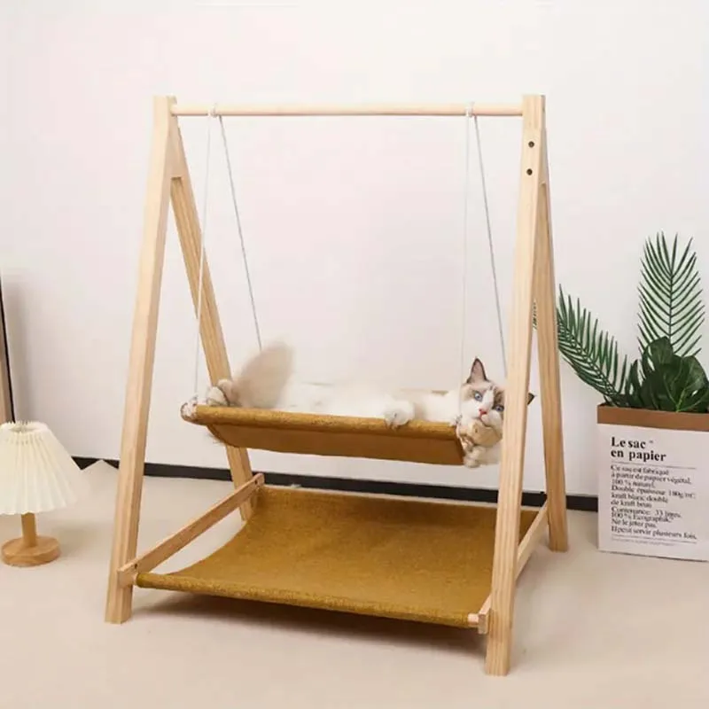 Cozy Dual-Level Wooden Cat Swing Bed – Raised Pet Hammock with Beige Fabric, Sturdy All-Season