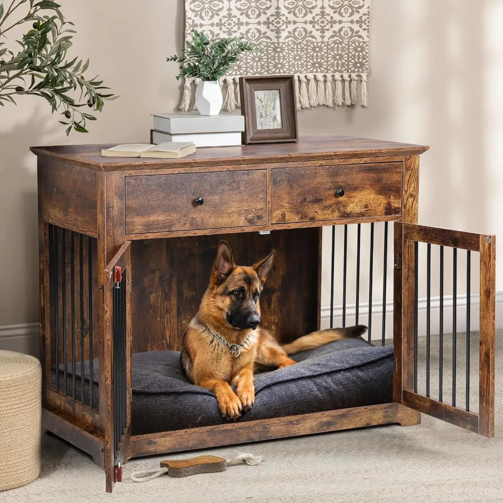 44 Inch Large Dog Crate Furniture, Wooden Dog Kennel End Table with Storage Drawers, Decorative Pet Cage Dog House Indoor