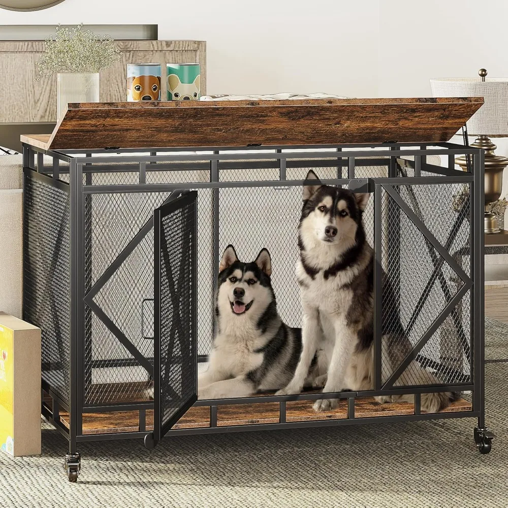 Dog Crate Furniture, 48 Inch Dog Crate for Large Medium , Wooden Kennel Indoor End Table, Cage Large Dogs with Wheels