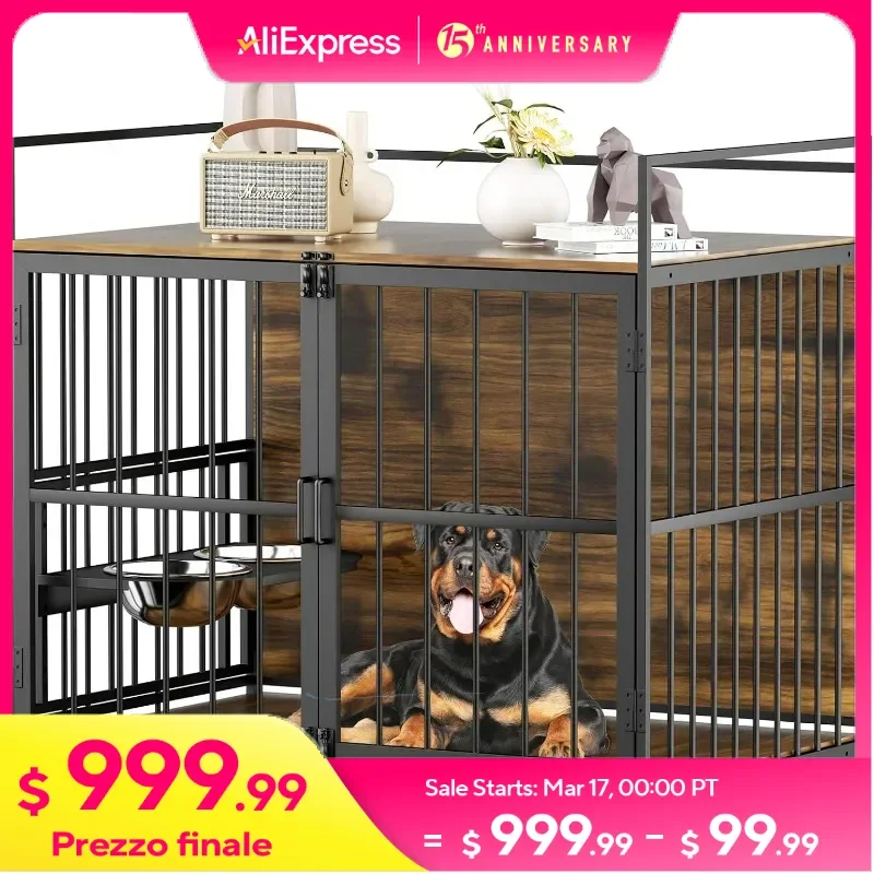 Dog Crate Furniture-Style Cages for Large Dogs Indoor Heavy Duty Super Sturdy Dog Kennels with 2 Stainless Steel Bowls 48Inch