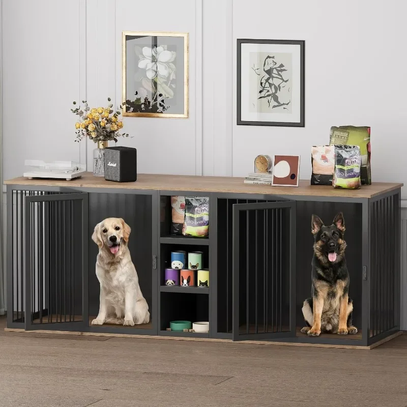 Large Dog Crate Furniture for 2 Dogs, 79.5” All Steel Frame Dog Kennel Furniture Sturdy Dog Kennel Indoor Double