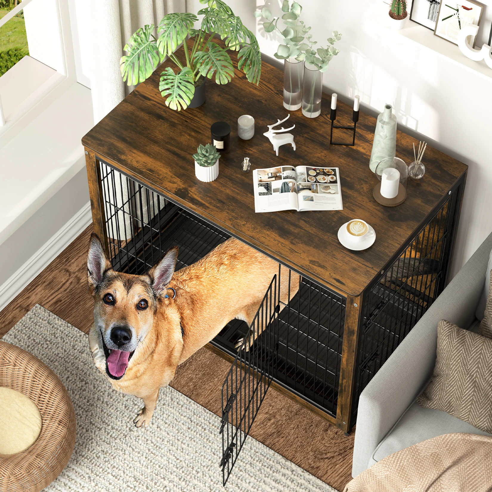 Pet Cage Kennels with 2 Doors and Removable Tray, Dog Crate, End Table Furniture, Wood Metal, Combine Pet Cage, S, M, L, 3 Sizes - Image 3