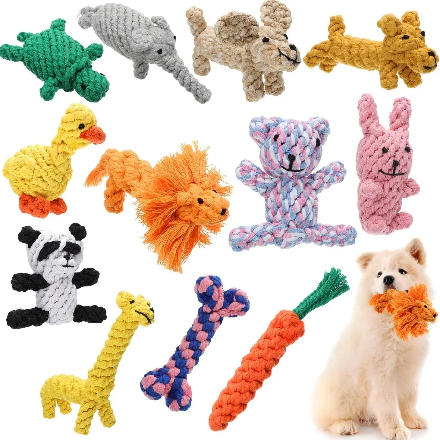 Sumind 12 Pcs Dog Rope Toys for Aggressive Chewers Valentine Gifts for Puppy Animal Rope Chew Toy Interactive Toys for Small Me