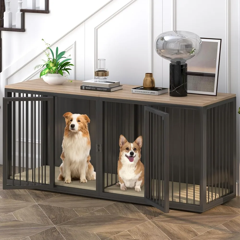 Large Dog Crate Furniture for 2 Dogs, 71.6” Steel Frame Dog Crate with Double Doors, Heavy Sturdy Dog Kennel for Small Medium L