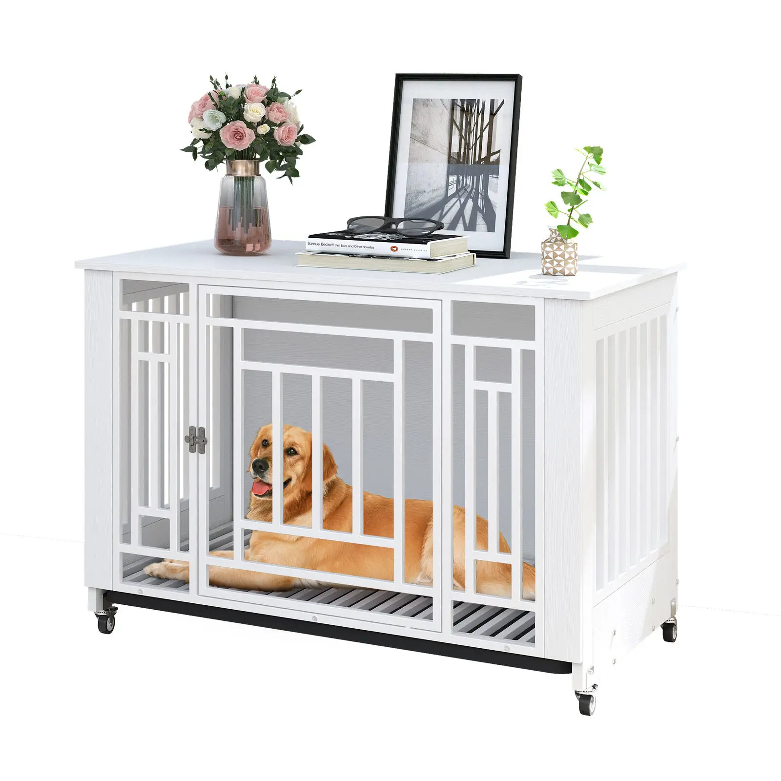 32″/38″ Heavy Duty Dog Crates Kennel with Removable Indoor Tray Side End Table