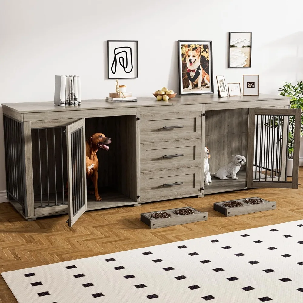 94.5″ Dog Crate Furniture for 2 Dogs, Large Dog Kennel Furniture with 3 Storage Drawer, Wooden Dog Cage with 4 Bowls