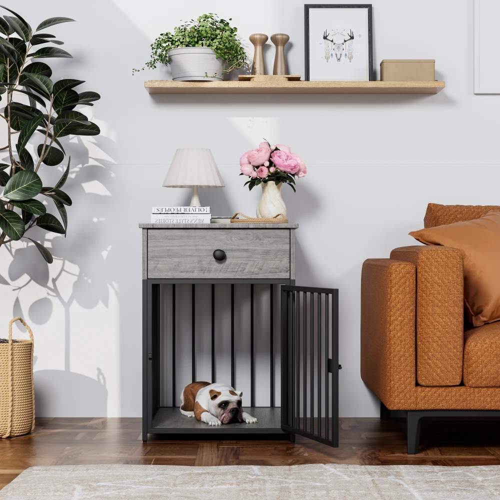 Dog Crate Furniture Dog House Decorative Dog Kennel with Drawer Indoor Pet Crate End Table for Small Dog Iron-Tube Dog Cage